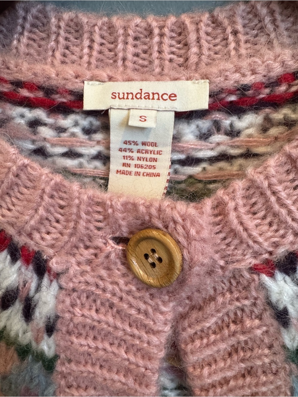 Sundance Cottage Rose Fair Isle Pink Wool Button Down Knit Cardigan Small - Picture 2 of 3